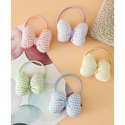 Pine kids Hair Rubber Bands Free Size With Bow Applique With Checks Design Pack Of 5 - Green , Blue & Pink