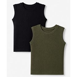 Pine Kids Cotton Blend Knit Solid Thermal Inner Wear with Sleeveless Pack of 2 - Olive Green & Black