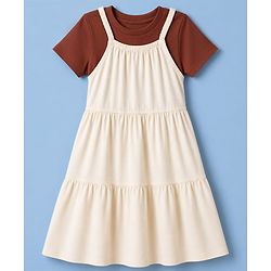 Pine Kids Cotton Knit Frock With Inner Tee with Short Sleeves - Beige