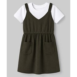 Pine Kids Cotton Knit Half Sleeves Frock with Inner Tee & Cute Text Print - Olive Green