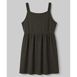 Pine Kids Cotton Knit Half Sleeves Frock with Inner Tee & Cute Text Print - Olive Green