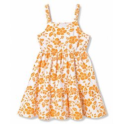 Pine Kids Cotton Knit Half Sleeves Floral Printed Frock with Inner Tee- Orange