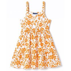 Pine Kids Cotton Knit Half Sleeves Floral Printed Frock with Inner Tee- Orange