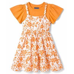 Pine Kids Cotton Knit Half Sleeves Floral Printed Frock with Inner Tee- Orange