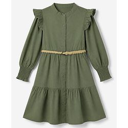 Pine Kids 100% Cotton Woven Full Sleeves Solid Tiered Shirt Dress With Belt - Olive Green