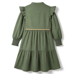 Pine Kids 100% Cotton Woven Full Sleeves Solid Tiered Shirt Dress With Belt - Olive Green