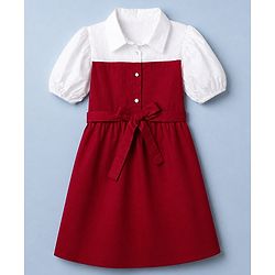 Pine Kids 100% Cotton Woven Half Puffed Sleeves Solid Frock - Red