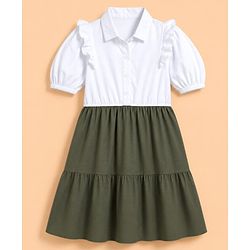 Pine Kids Cotton Woven One Piece Dress with Short Sleeves and Puffed Sleeves in White for 4-5 Years