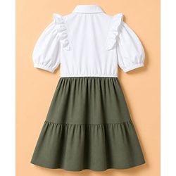 Pine Kids Cotton Woven One Piece Dress with Short Sleeves and Puffed Sleeves in White for 4-5 Years