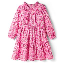 Pine Kids Woven Full Puffed Sleeves Floral Printed Tiered Frock - Pink