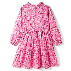 Pine Kids Woven Full Puffed Sleeves Floral Printed Tiered Frock - Pink