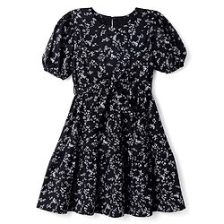 Pine Kids Cotton Woven One Piece Dress with Short Sleeves and Floral Print - Black