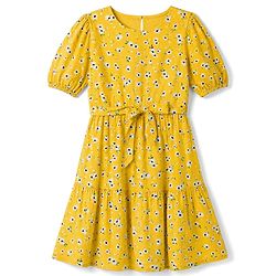 Pine Kids Rayon Woven Half  Puffed Sleeves Floral Printed Tiered Dress with Belt  - Yellow