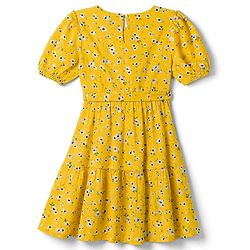 Pine Kids Rayon Woven Half  Puffed Sleeves Floral Printed Tiered Dress with Belt  - Yellow