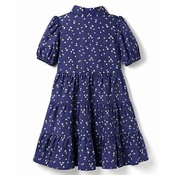 Pine Kids Woven Half Sleeves Tiered Frock with Floral Print - Navy Blue