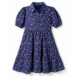Pine Kids Woven Half Sleeves Tiered Frock with Floral Print - Navy Blue