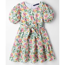 Pine Kids Woven Half Sleeves Floral Printed Frock - White