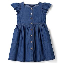 Pine Kids Cotton Woven Half Sleeves Frock With Side Pockets - Navy Blue