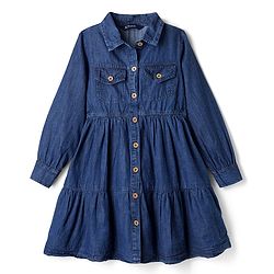 Pine Kids Cotton Woven Dress with Full Sleeves in Navy Blue