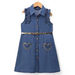 Pine Kids Cotton Woven Sleeveless Shirt Dress & Belt with Hearts Print - Navy Blue