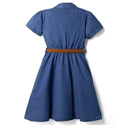 Pine Kids Denim Shirt Style Frock and Belt with Half Sleeves - Navy Blue