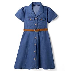 Pine Kids Denim Shirt Style Frock and Belt with Half Sleeves - Navy Blue