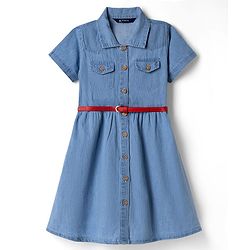 Pine Kids Cotton Woven Half Sleeves Solid Colour Shirt Dress with Belt - Light Blue