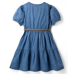 Pine Kids Cotton Woven Half Puffed Sleeves Pin Tucked Tired Dress With Belt - Navy Blue