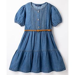 Pine Kids Cotton Woven Half Puffed Sleeves Pin Tucked Tired Dress With Belt - Navy Blue