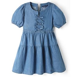 Pine Kids Cotton Woven Dress with Half Sleeves and Bow Detailing - Navy Blue