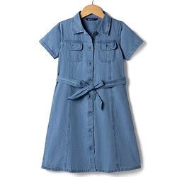 Pine Kids 100% Cotton Woven Denim Shirt Dress with Half Sleeves & Belt - Navy Blue