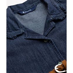 Pine Kids 100% Cotton Woven Front Open Collared Denim One Piece with Half Sleeves and Belt - Navy Blue