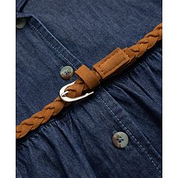 Pine Kids 100% Cotton Woven Front Open Collared Denim One Piece with Half Sleeves and Belt - Navy Blue