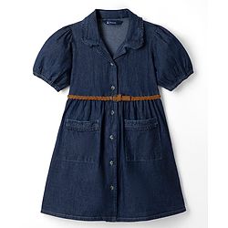 Pine Kids 100% Cotton Woven Front Open Collared Denim One Piece with Half Sleeves and Belt - Navy Blue
