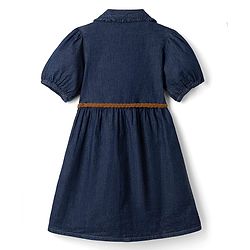 Pine Kids 100% Cotton Woven Front Open Collared Denim One Piece with Half Sleeves and Belt - Navy Blue