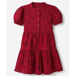 Pine Kids Woven Half Sleeves One Piece Dress with Floral Embroidery - Red
