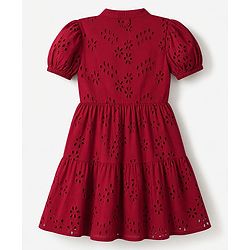 Pine Kids Woven Half Sleeves One Piece Dress with Floral Embroidery - Red