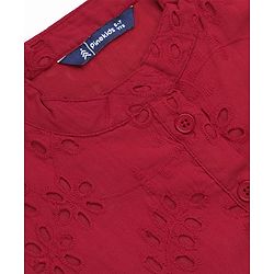 Pine Kids Woven Half Sleeves One Piece Dress with Floral Embroidery - Red