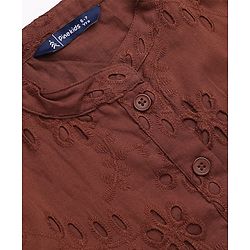 Pine Kids Woven Half Sleeves Dress with Floral Embroidery - Brown