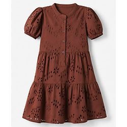 Pine Kids Woven Half Sleeves Dress with Floral Embroidery - Brown