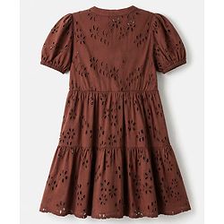 Pine Kids Woven Half Sleeves Dress with Floral Embroidery - Brown