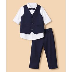 Pine Kids Knit 3 Piece Full Sleeves Party Suit With Bow Detailing - Navy Blue