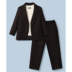 Pine Kids Knit Full Sleeves T-Shirt & Trouser Set With Blazer - Brown