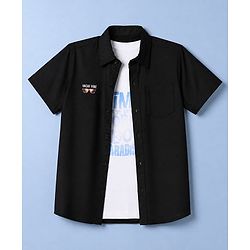 Pine Kids Cotton Woven Short Sleeves Solid Shirt With Text Print on Tee - Neavy Blue