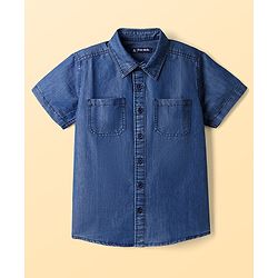 Pine Kids Cotton Woven Short Sleeves Denim Twofer Shirt with Tropical Paradise Print - Blue
