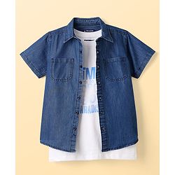 Pine Kids Cotton Woven Short Sleeves Denim Twofer Shirt with Tropical Paradise Print - Blue