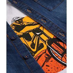 Pine Kids 100% Cotton Denim Shirts and Tank Top with Full Sleeves and Cyclist Print - Royal Blue