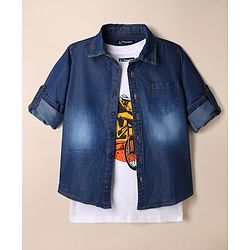 Pine Kids 100% Cotton Denim Shirts and Tank Top with Full Sleeves and Cyclist Print - Royal Blue