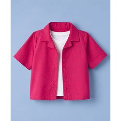 Pine Kids 100% Cotton Woven Shirt and Tank Top Set with Half Sleeves in Pink