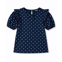 Pine Kids Rayon Woven Half Puffed Sleeves Top with Polka Dot Print & Frill Detailing - Navy
